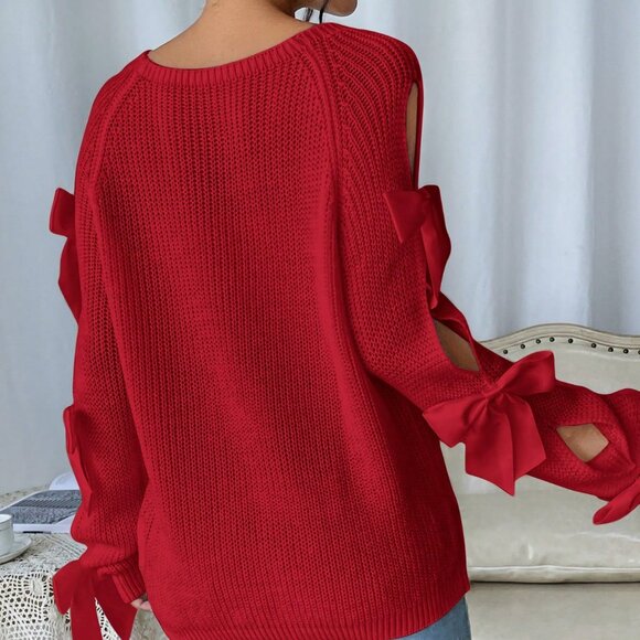 Red Casual Women's Hollow-Out Bow Decor Long Sleeve Sweater - Picture 2 of 5